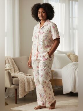 3-piece Hello Kitty Cream and Pink Short-Sleeve Pajama Set with Character Prin